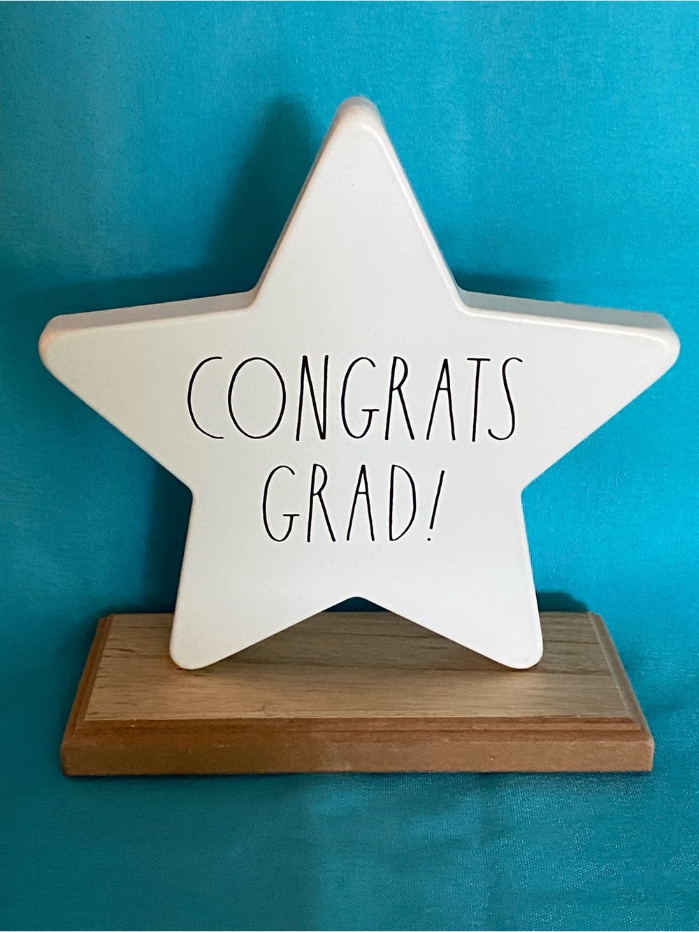 Rae Dunn - Graduation “Congrats Grad!” Metal White Star w/Light Wooden Base